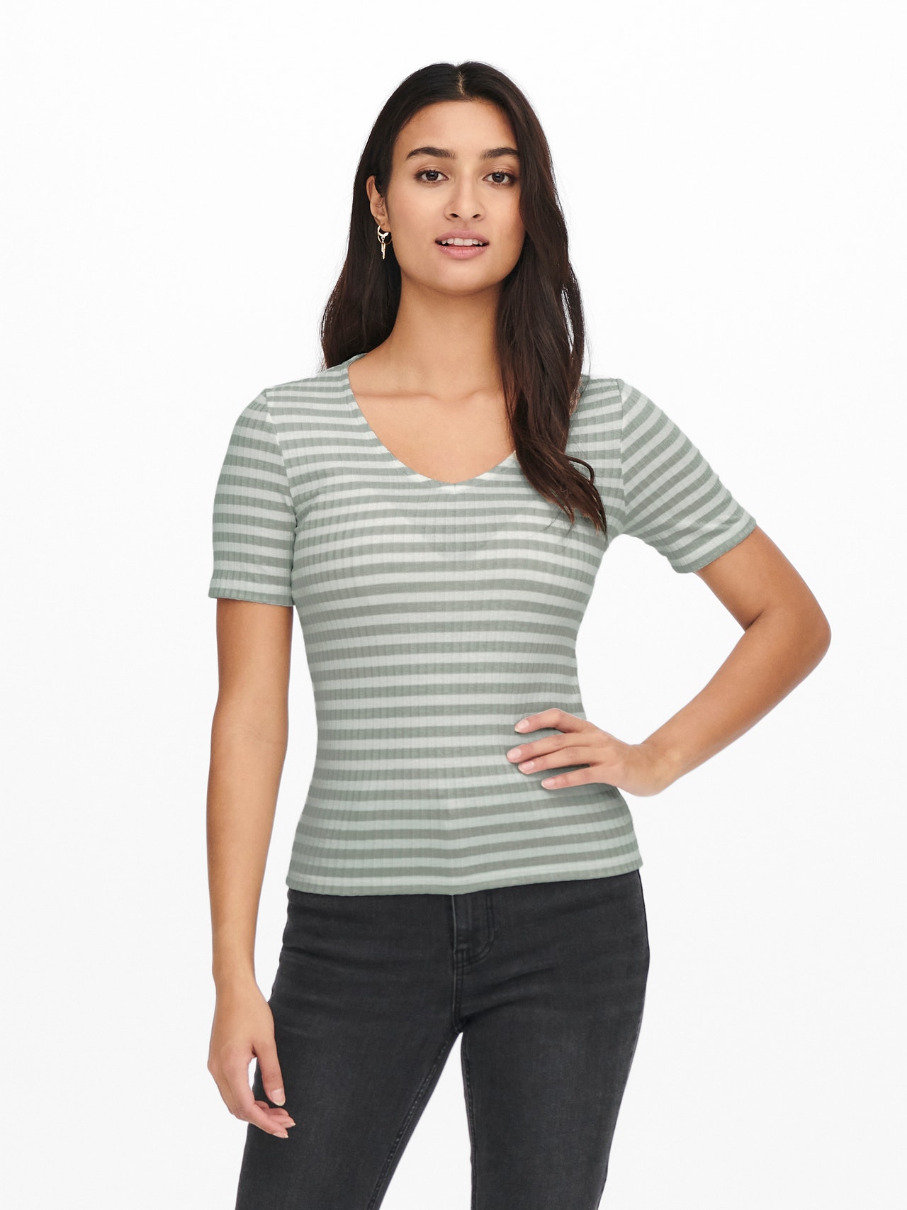 ONLY Striped V-Neck Top -Mineral Gray - 15253481