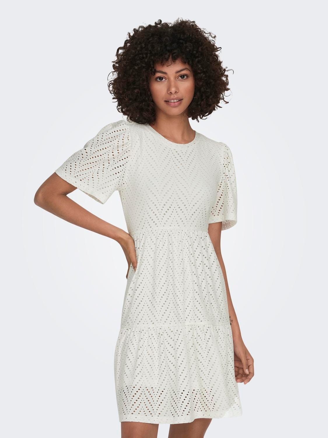 ONLY Broderie anglaise Jurk met korte mouwen -Cloud Dancer - 15254680