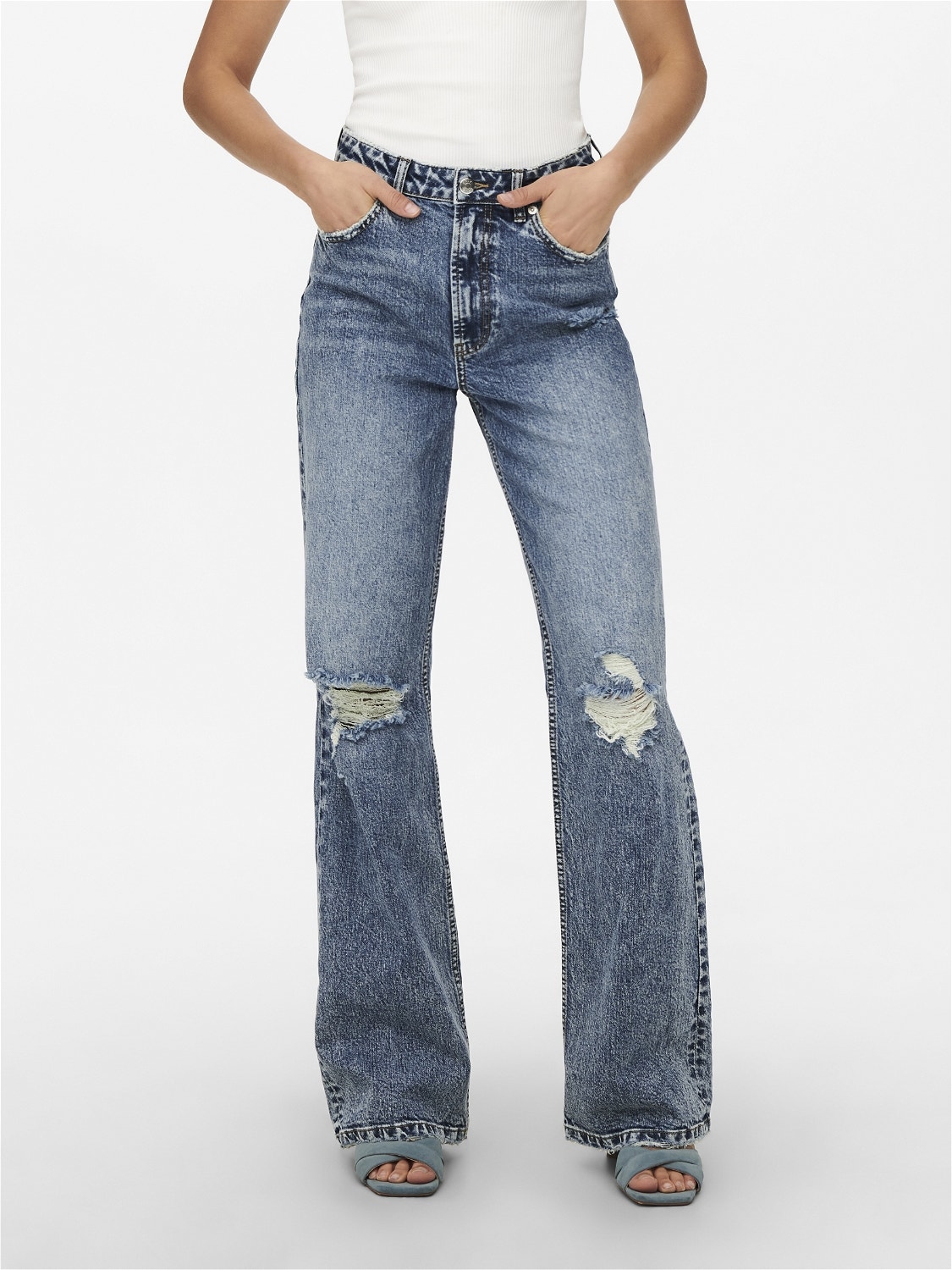 ONLY Jeans Straight Fit Taille haute Ourlé destroy -Medium Blue Denim - 15256490