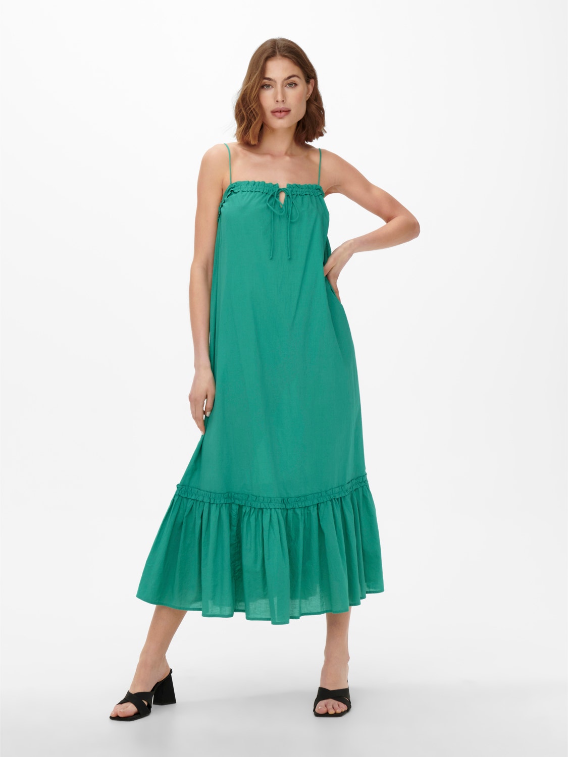 ONLY midi Flæsedetaljeret kjole -Marine Green - 15256546
