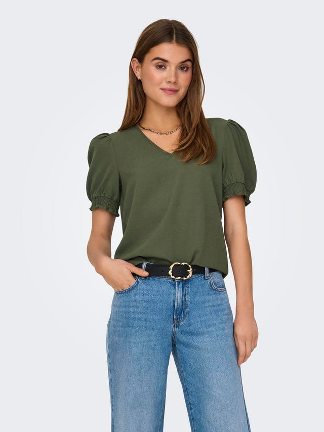 ONLY v-neck top with puff sleeves - 15256768