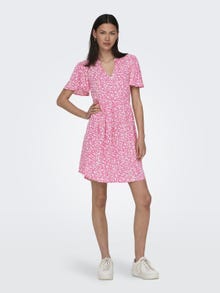 ONLY Normal geschnitten V-Ausschnitt Voluminöser Armschnitt Kurzes Kleid -Pink Power - 15257228