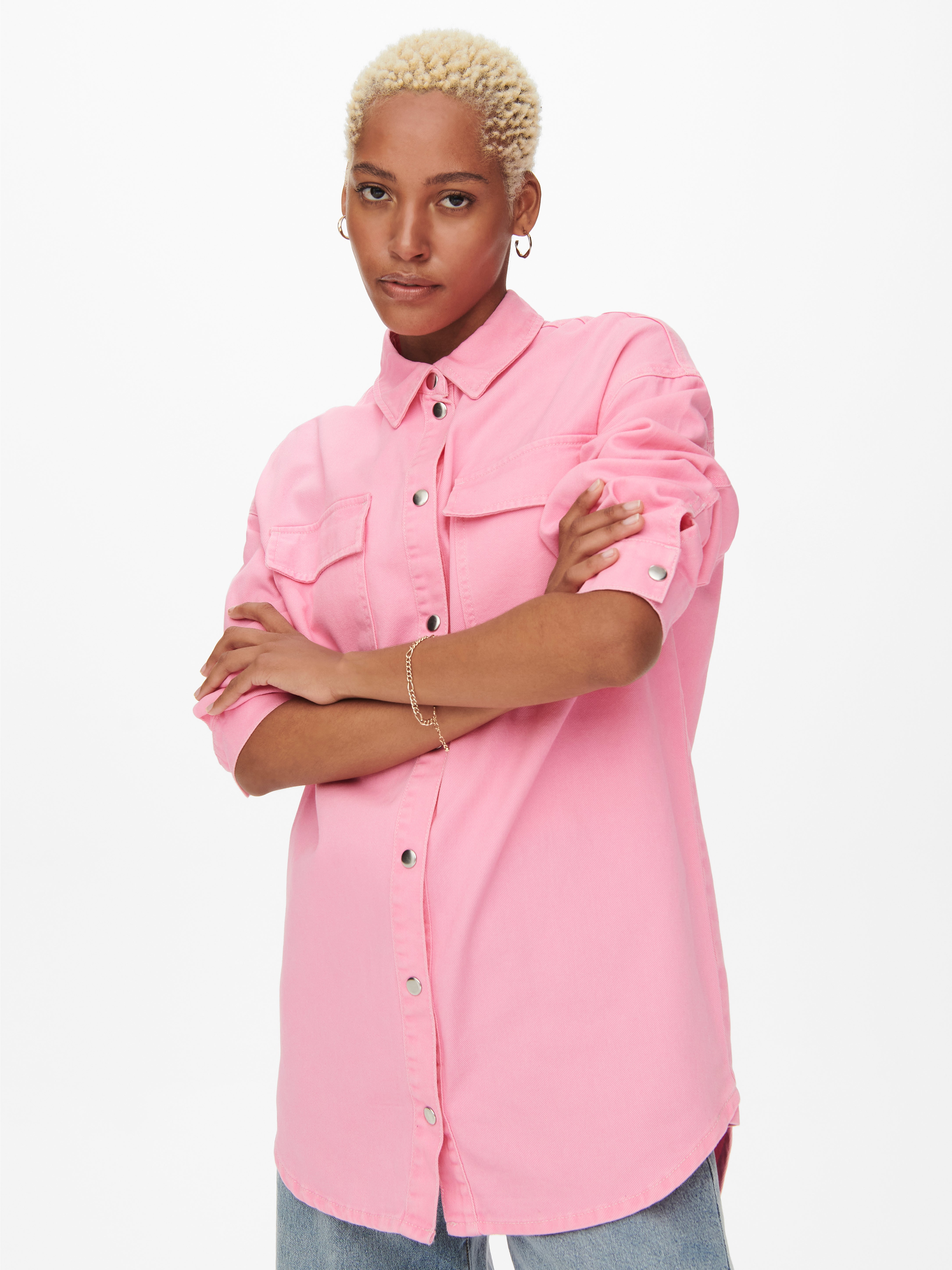 Pink oversized hot sale denim shirt