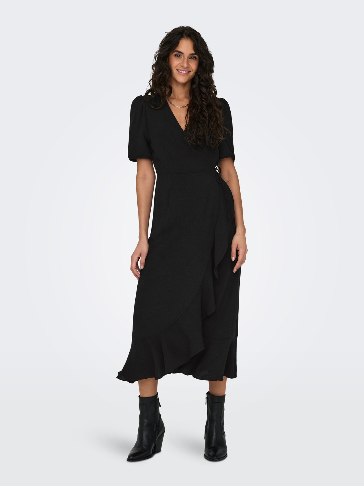 ONLY Normal geschnitten V-Ausschnitt Elastische Bündchen Kurzes Kleid -Black - 15259011