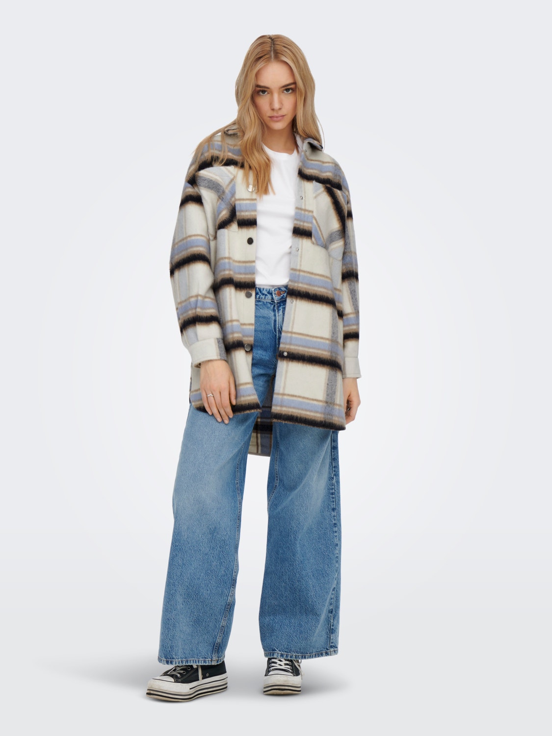 ONLY Long Checked Shacket -Blue Blizzard - 15259090
