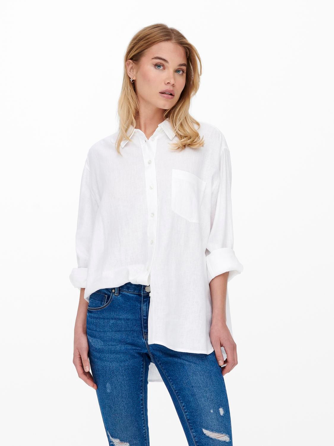 ONLY Ensfarget linblanding Skjorte -Bright White - 15259585