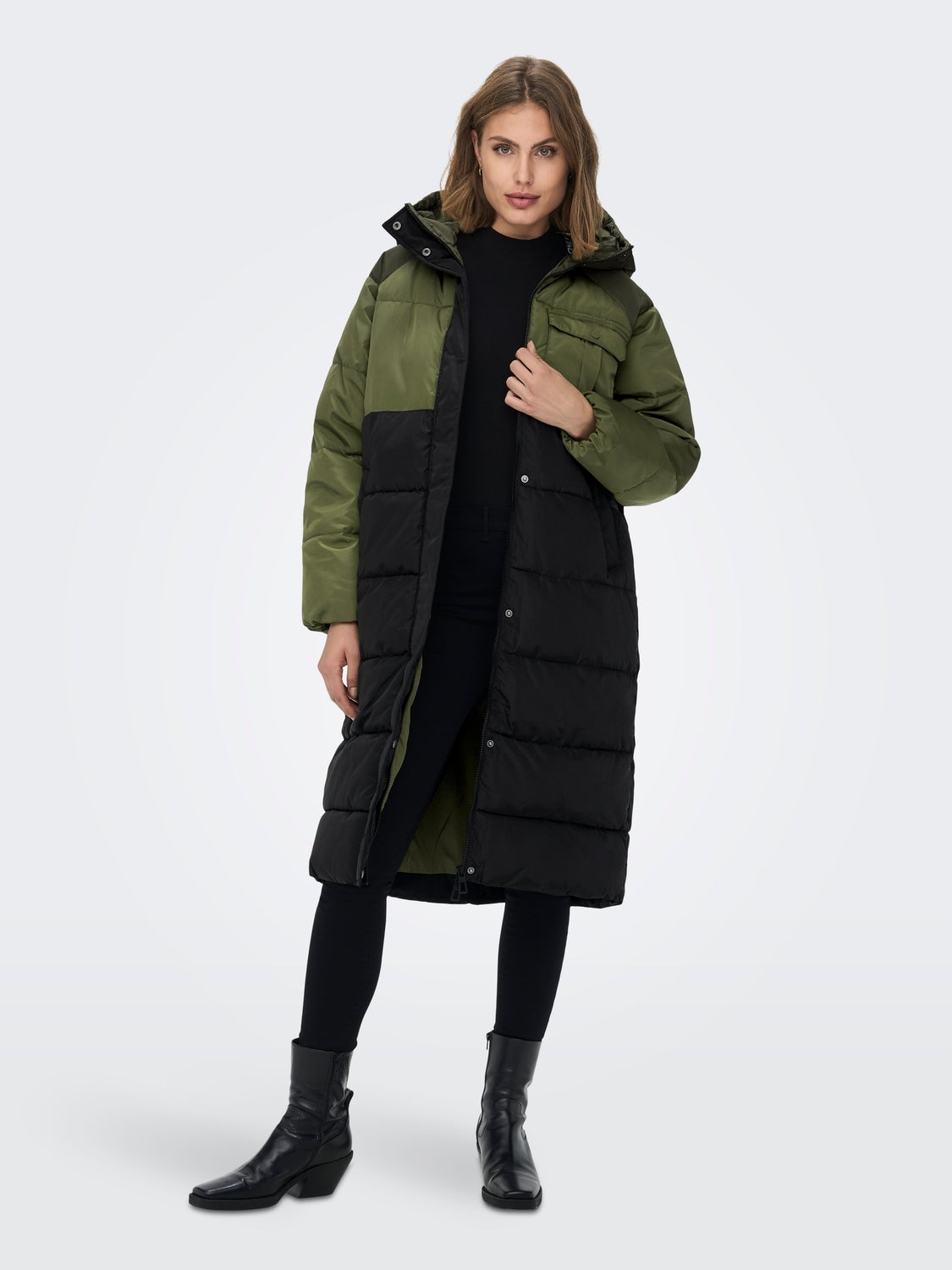 women's long khaki puffer coat