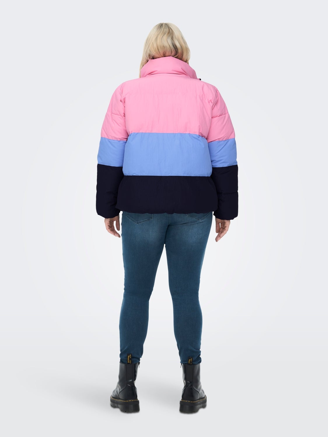 pink blue and purple puffer jacket