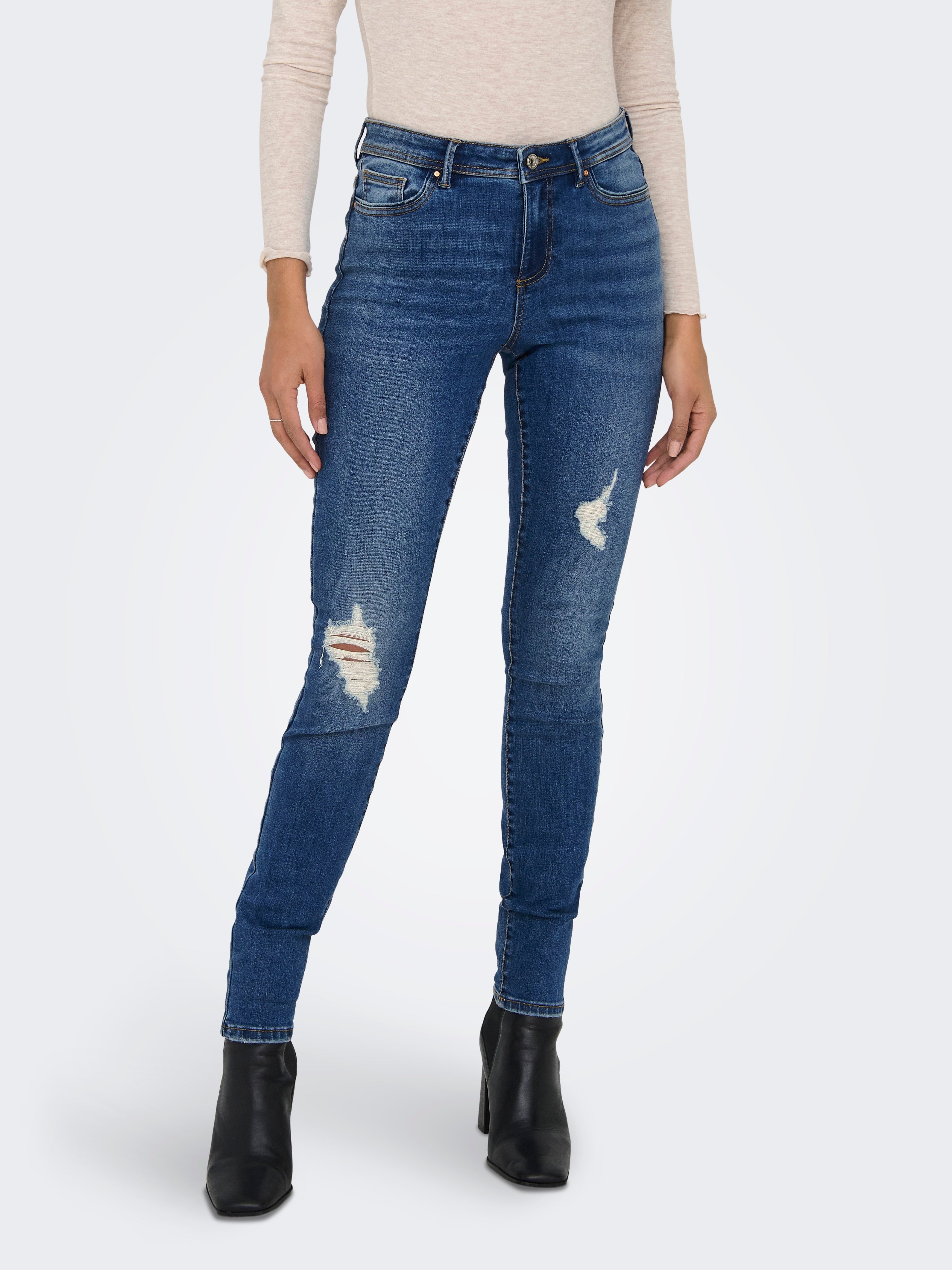 ONLWAUW Mittlere Taille Skinny Fit Jeans | Dunkelblau | ONLY®