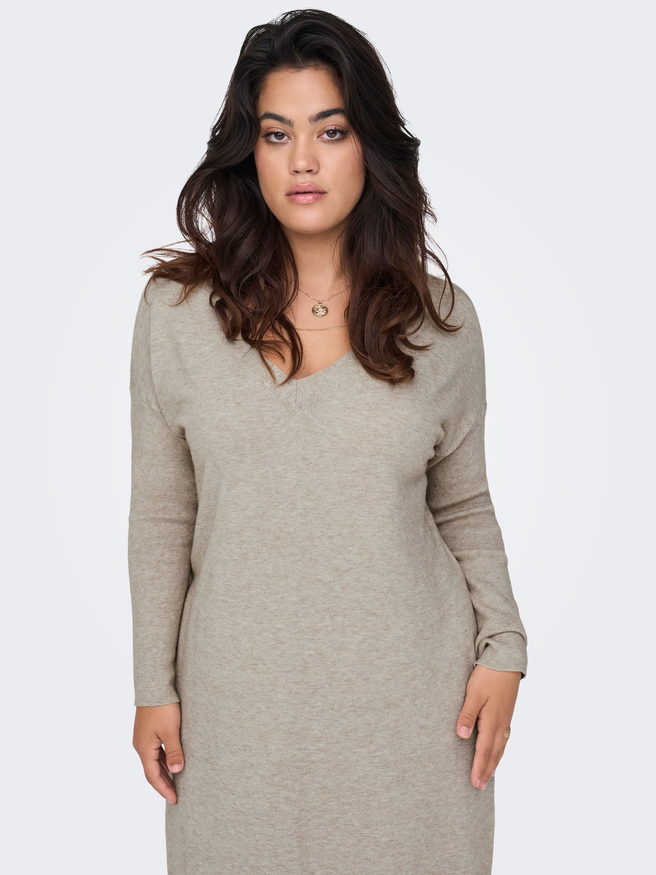 ONLY Curvy v-neck knitted dress -Mocha Meringue - 15263791