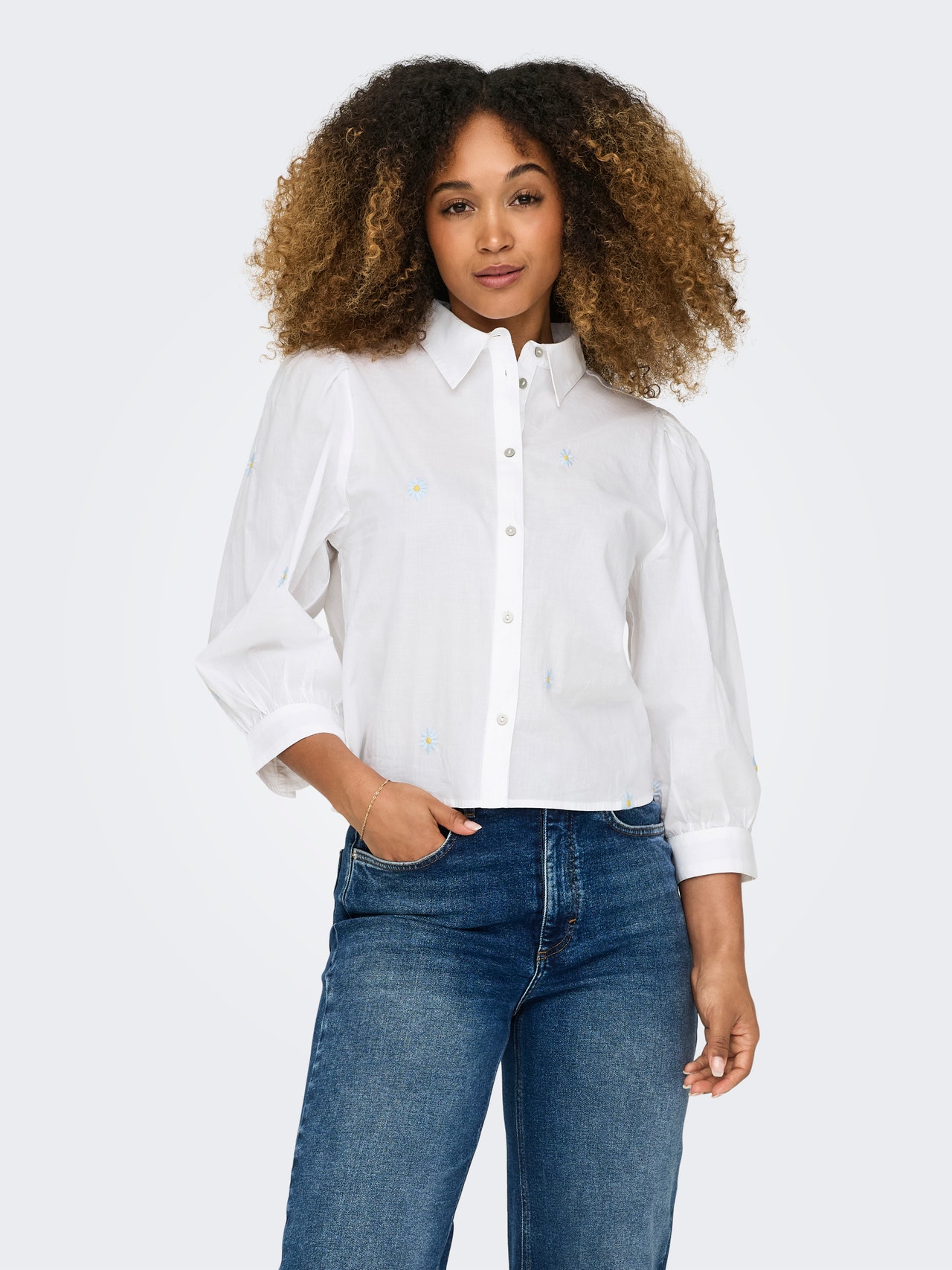 ONLY Cropped skjorte med volumenærmer -Bright White - 15264753