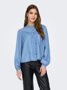 ONLY Relaxed Fit V-Neck Buttoned cuffs Puff sleeves Top -Medium Blue Denim - 15264836