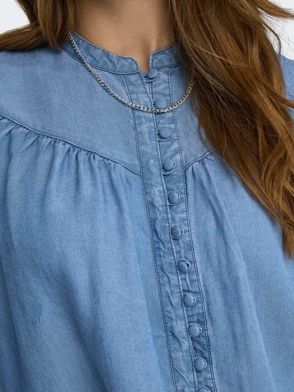 ONLY Relaxed Fit V-Neck Buttoned cuffs Puff sleeves Top -Medium Blue Denim - 15264836