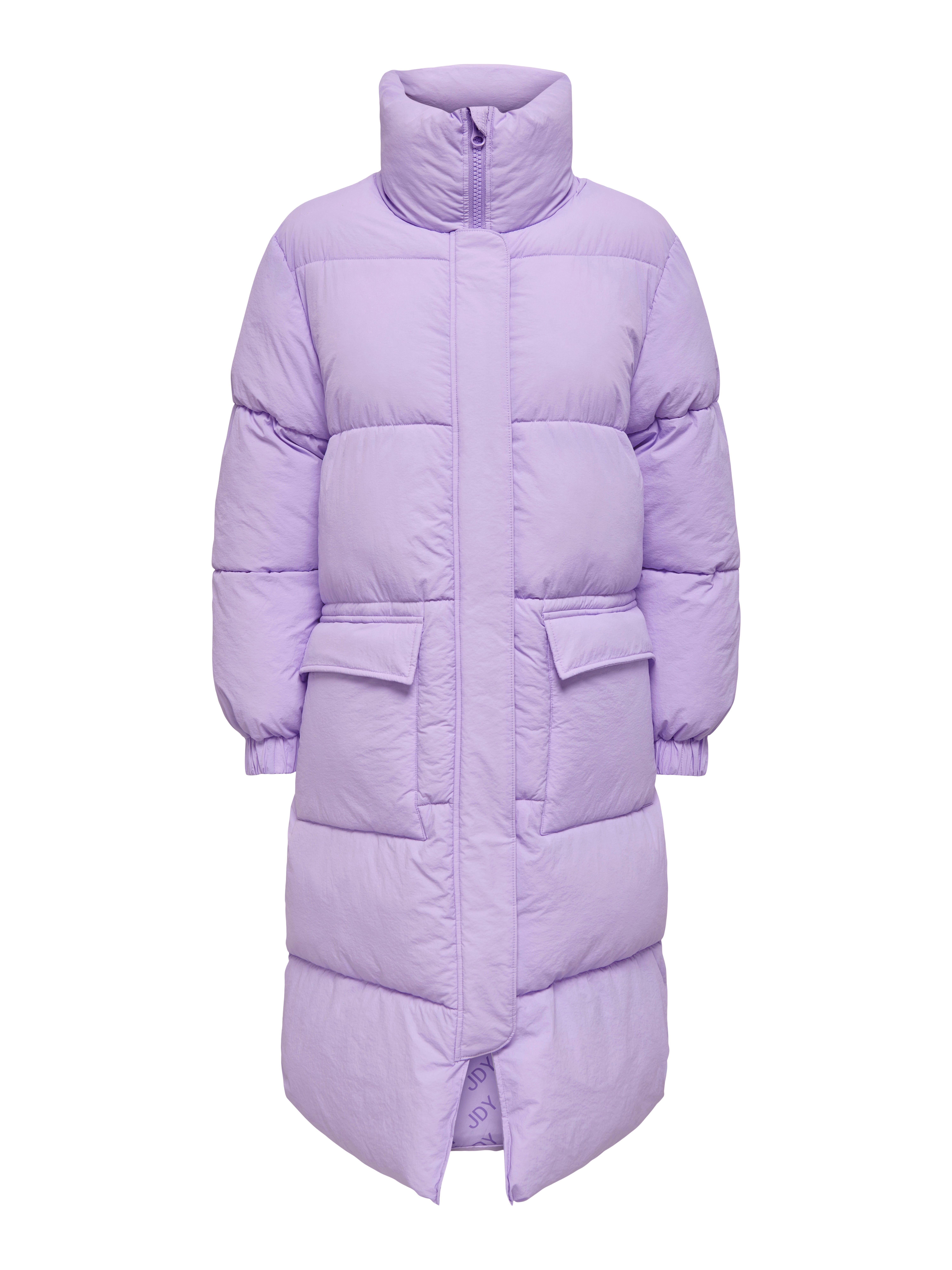 long purple puffer coat