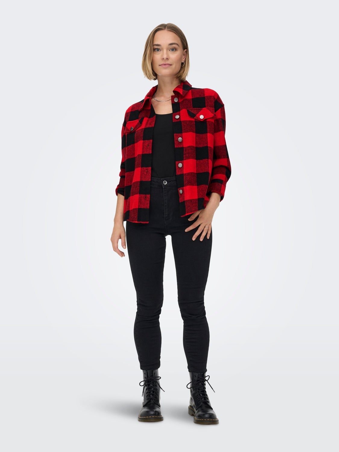 womens red check shacket