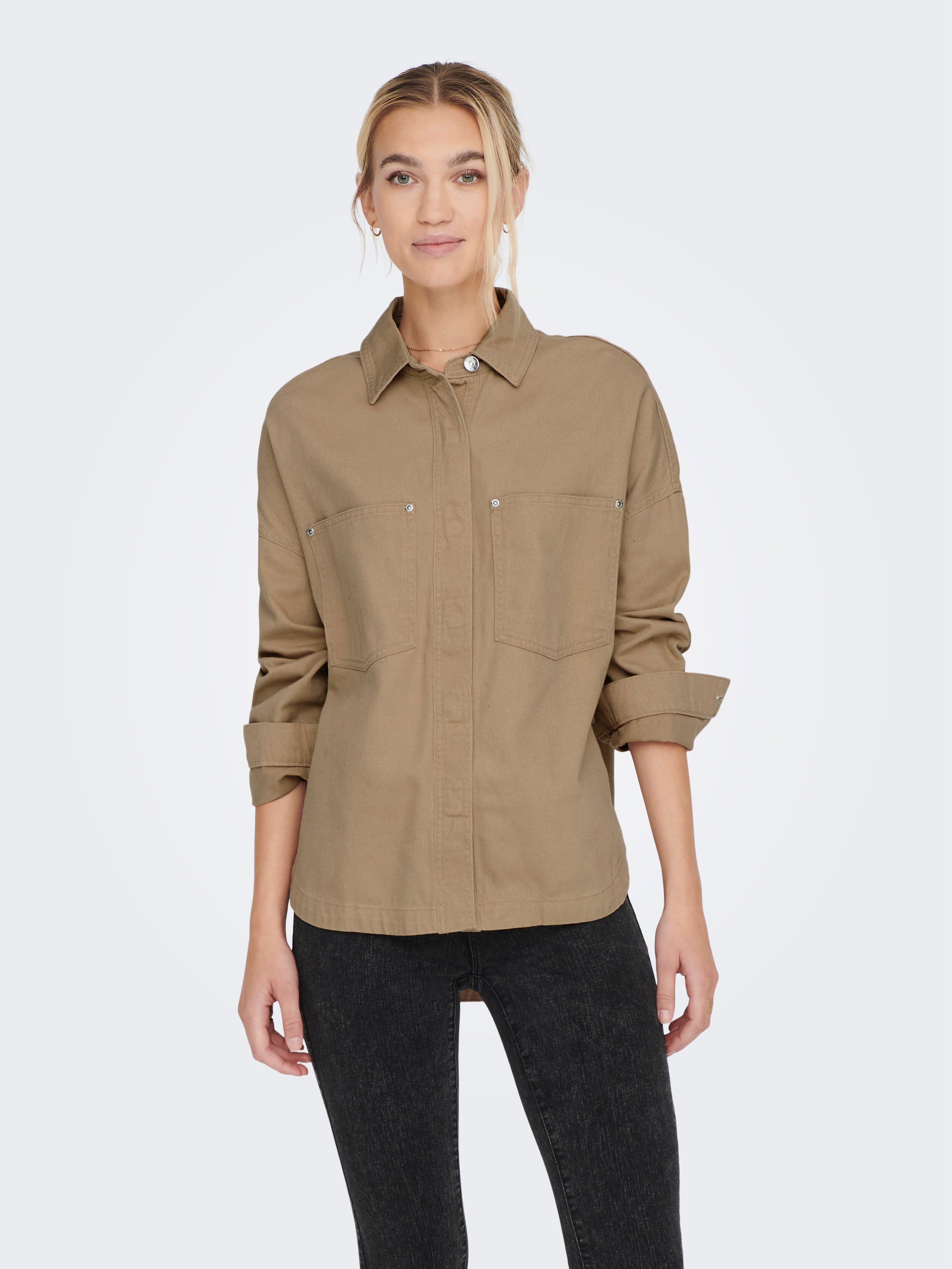 tan oversized button up