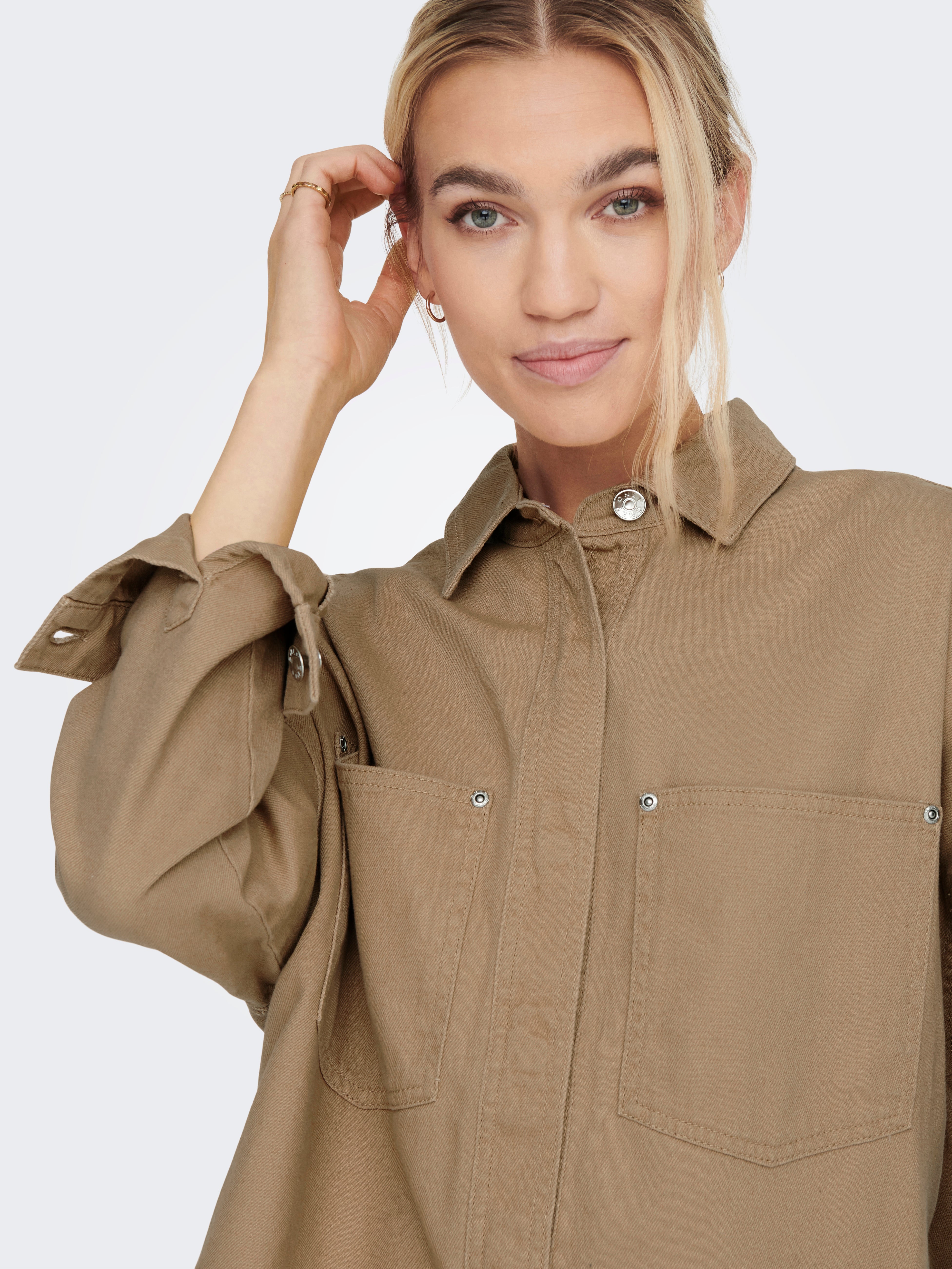 tan oversized button up