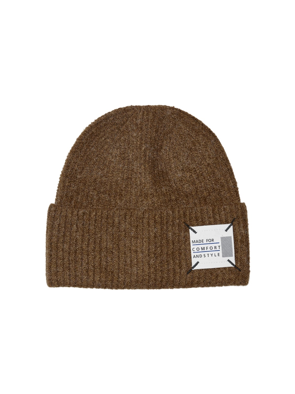 beanie with brown label