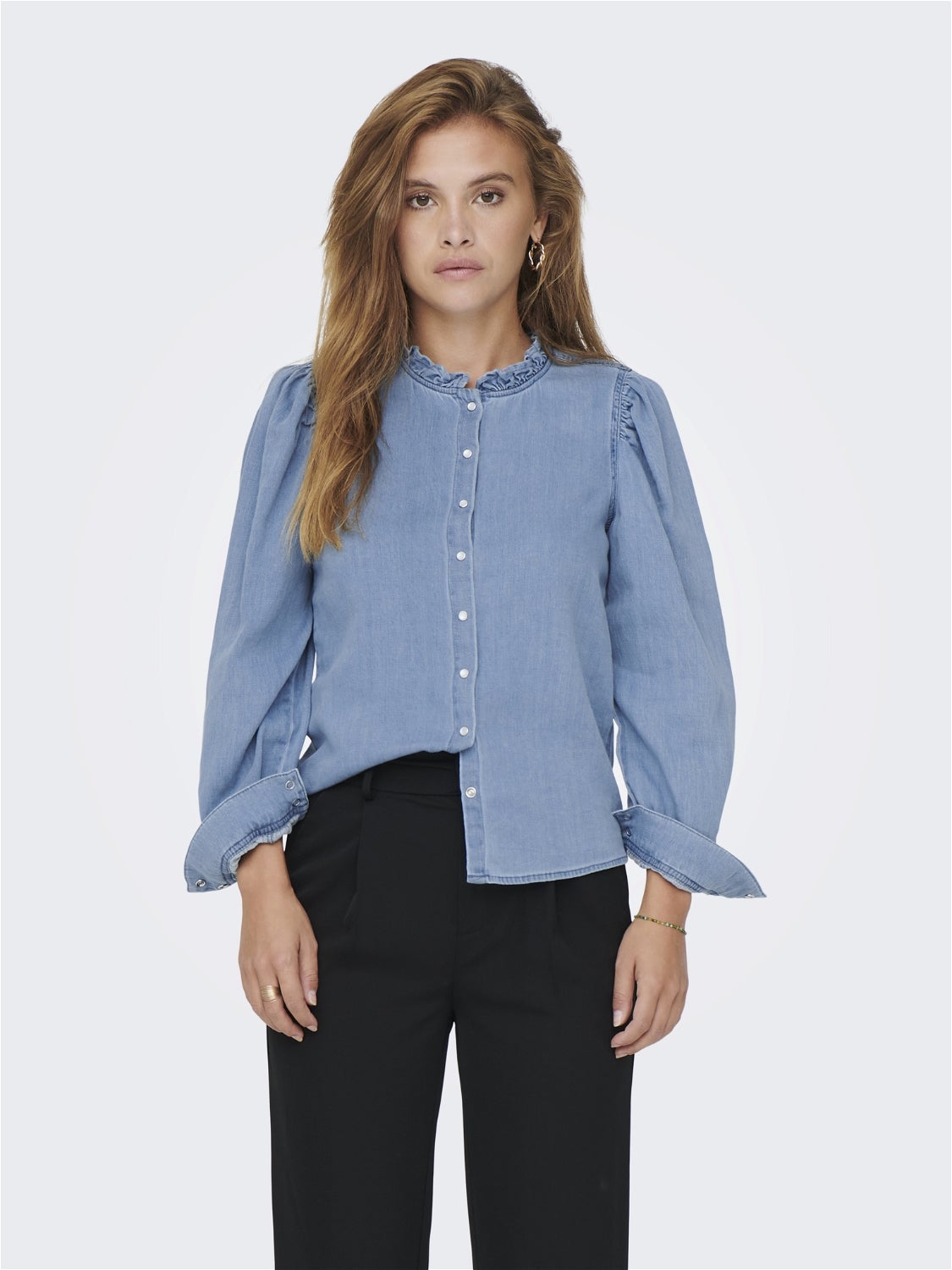 denim shirt with ruffle sleeves