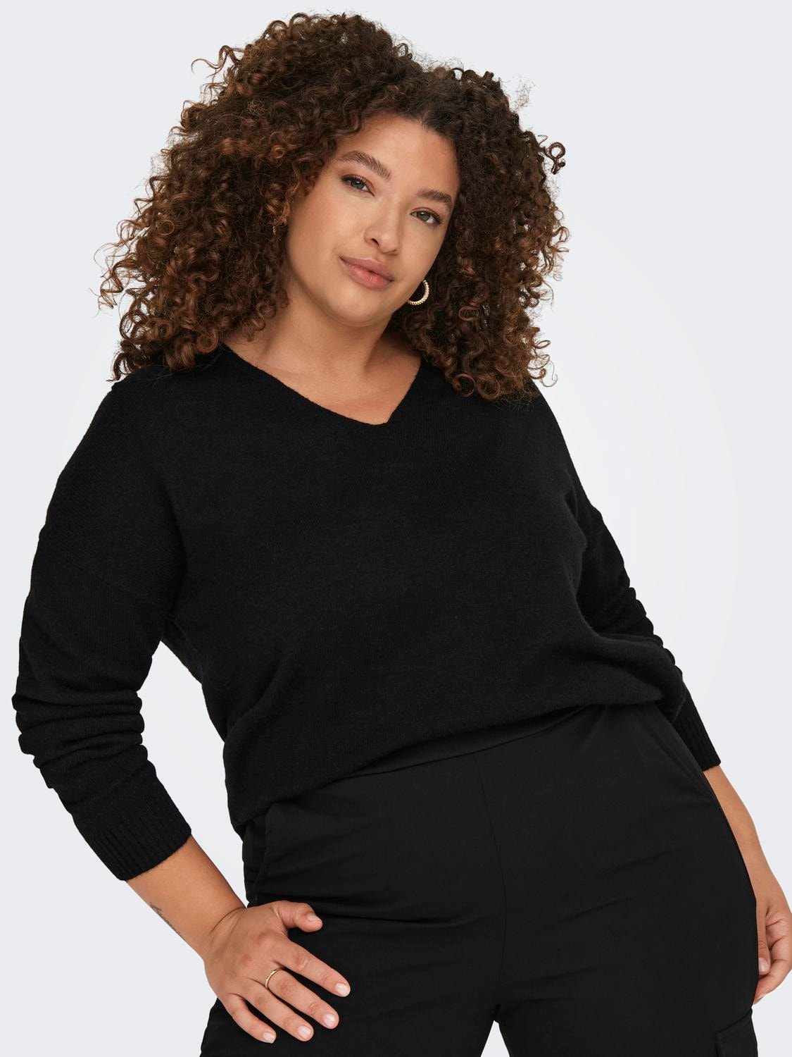 ONLY Curvy V-neck Knitted Pullover -Black - 15267202