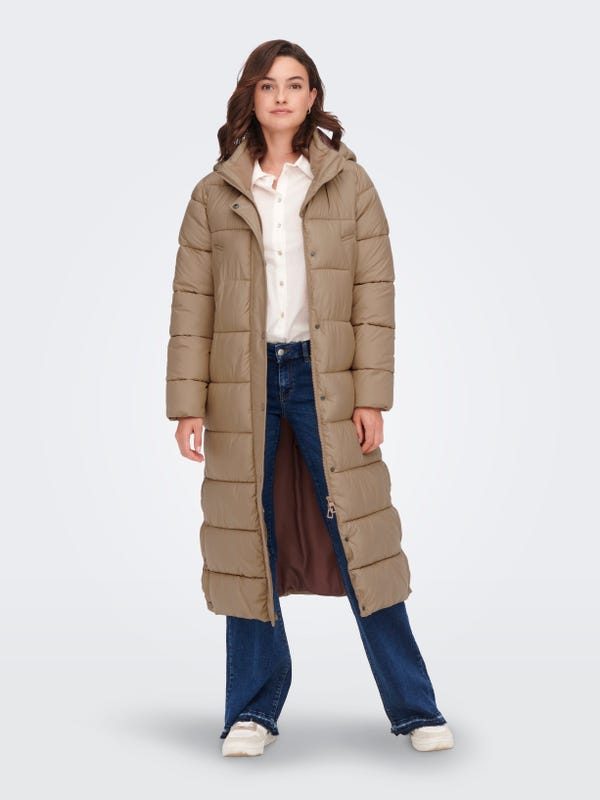 Lange winterjas met haaksluitingen en een nep bontkraag - Beige - Maat 40-64