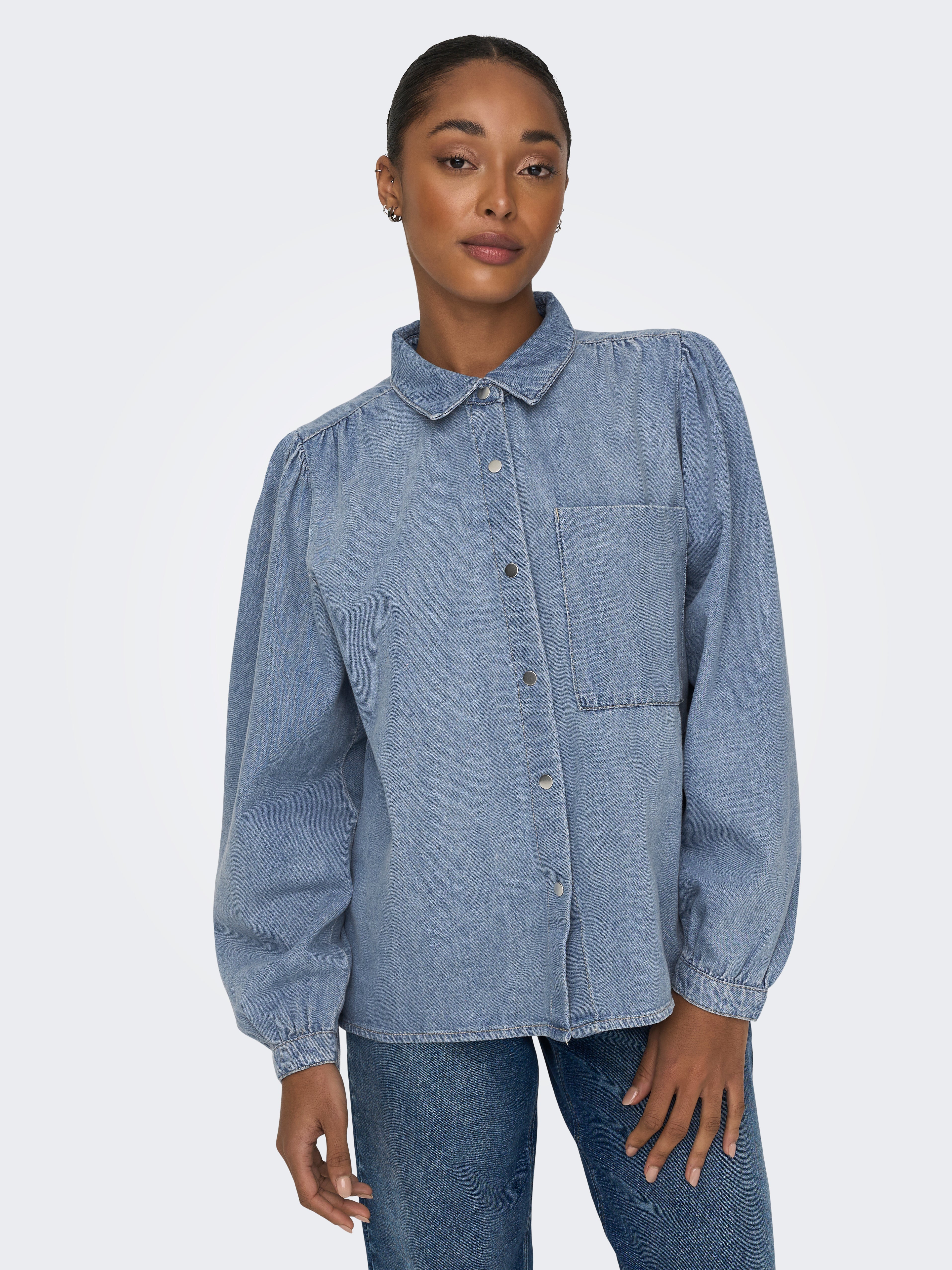 Puff Sleeve Button Front Denim Blouse in 2023 | Denim blouse women, Button  front denim, Denim blouse