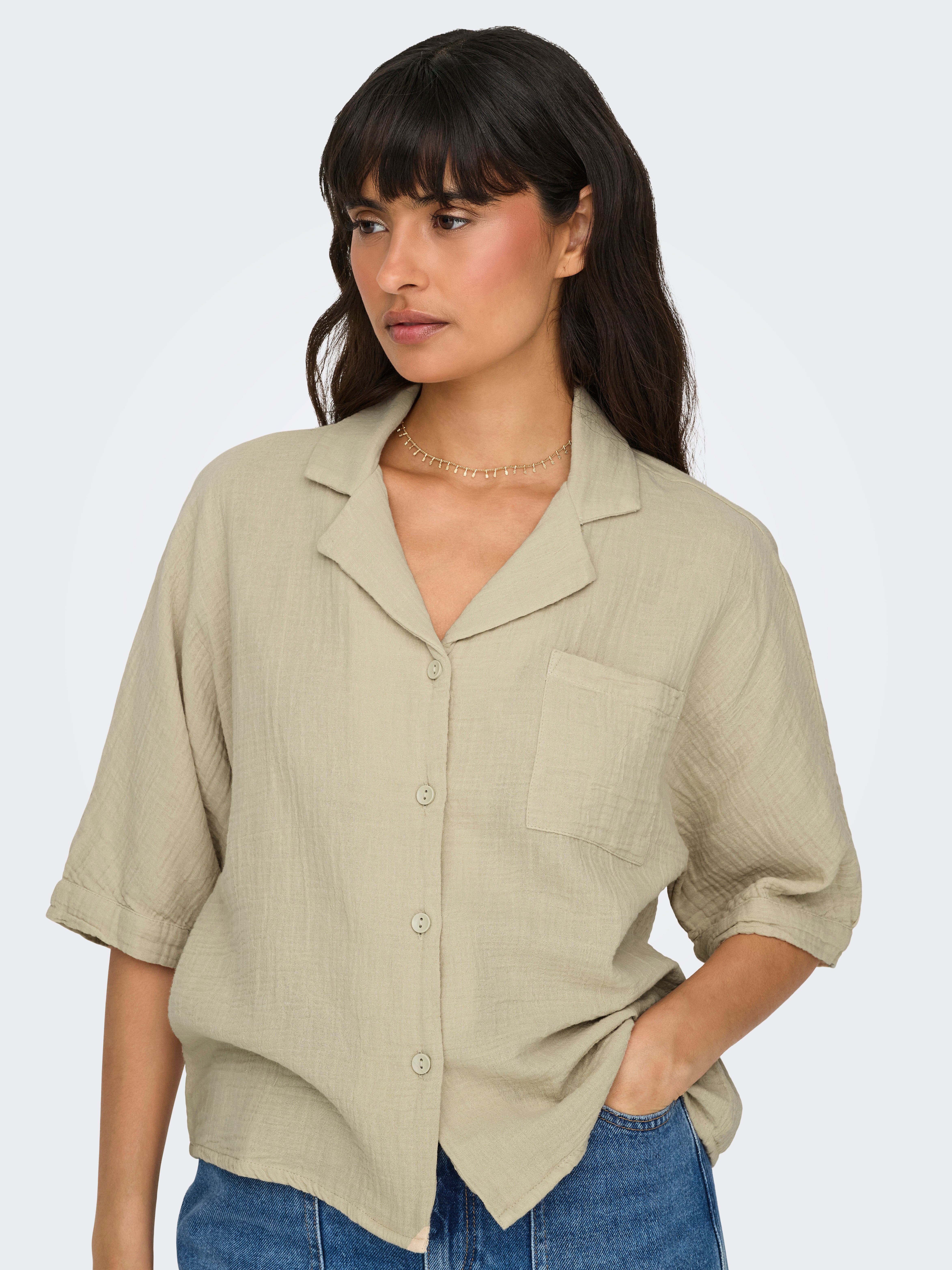tan button shirt