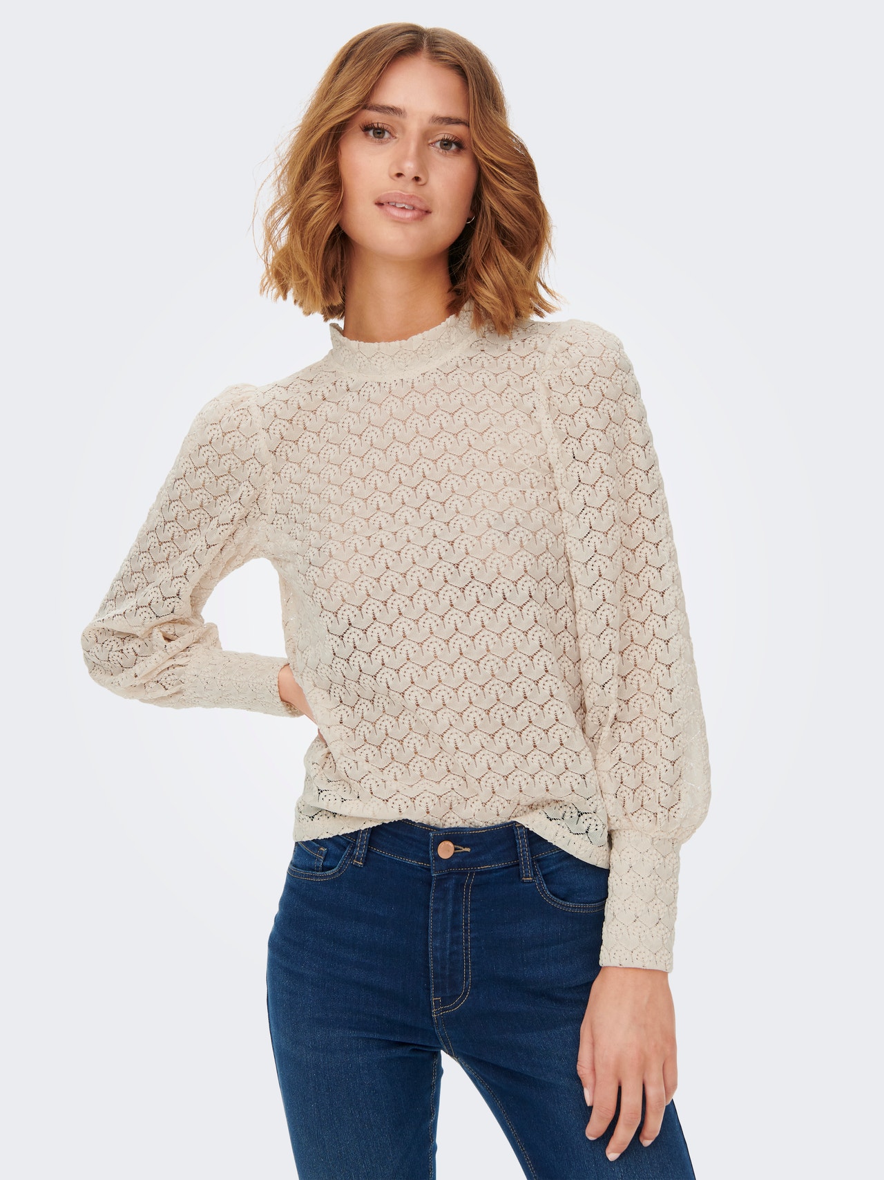 ONLY Regular Fit High neck Volume sleeves Top -Sandshell - 15268408