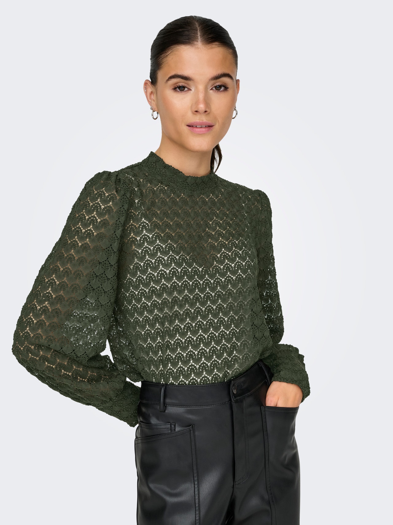 ONLY Lace top with volume sleeves -Forest Night - 15268408