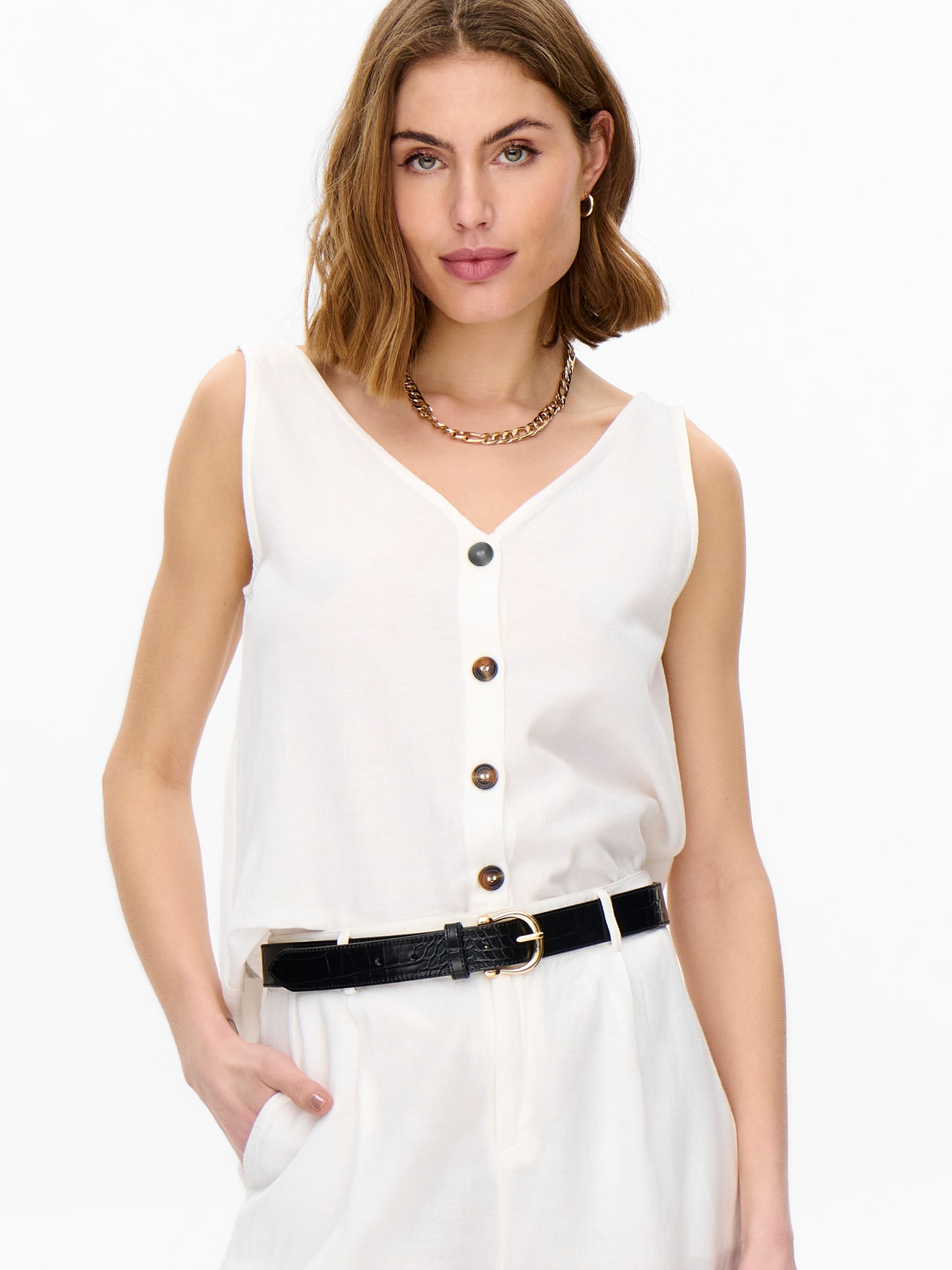 ONLY Short sleeved linen button Top -Tofu - 15269929