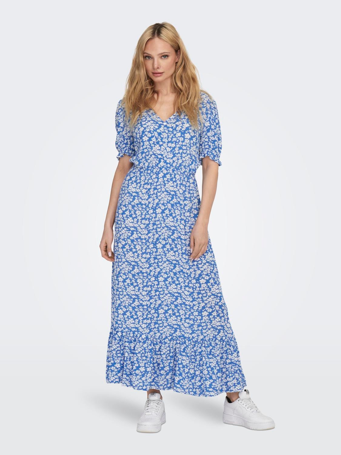 Hiel Cilia onszelf Regular fit O-hals Pofmouwen Lange jurk | Lichtblauw | ONLY®