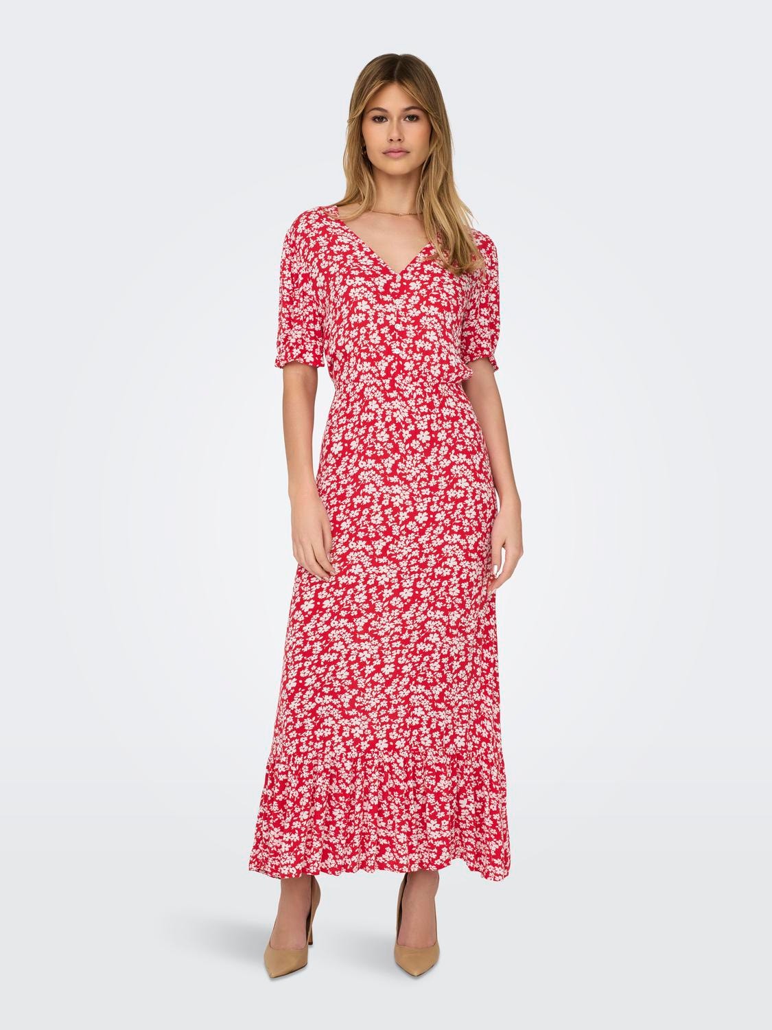 ONLY Regular fit O-hals Manchetten met elastiek Lange jurk -High Risk Red - 15270519