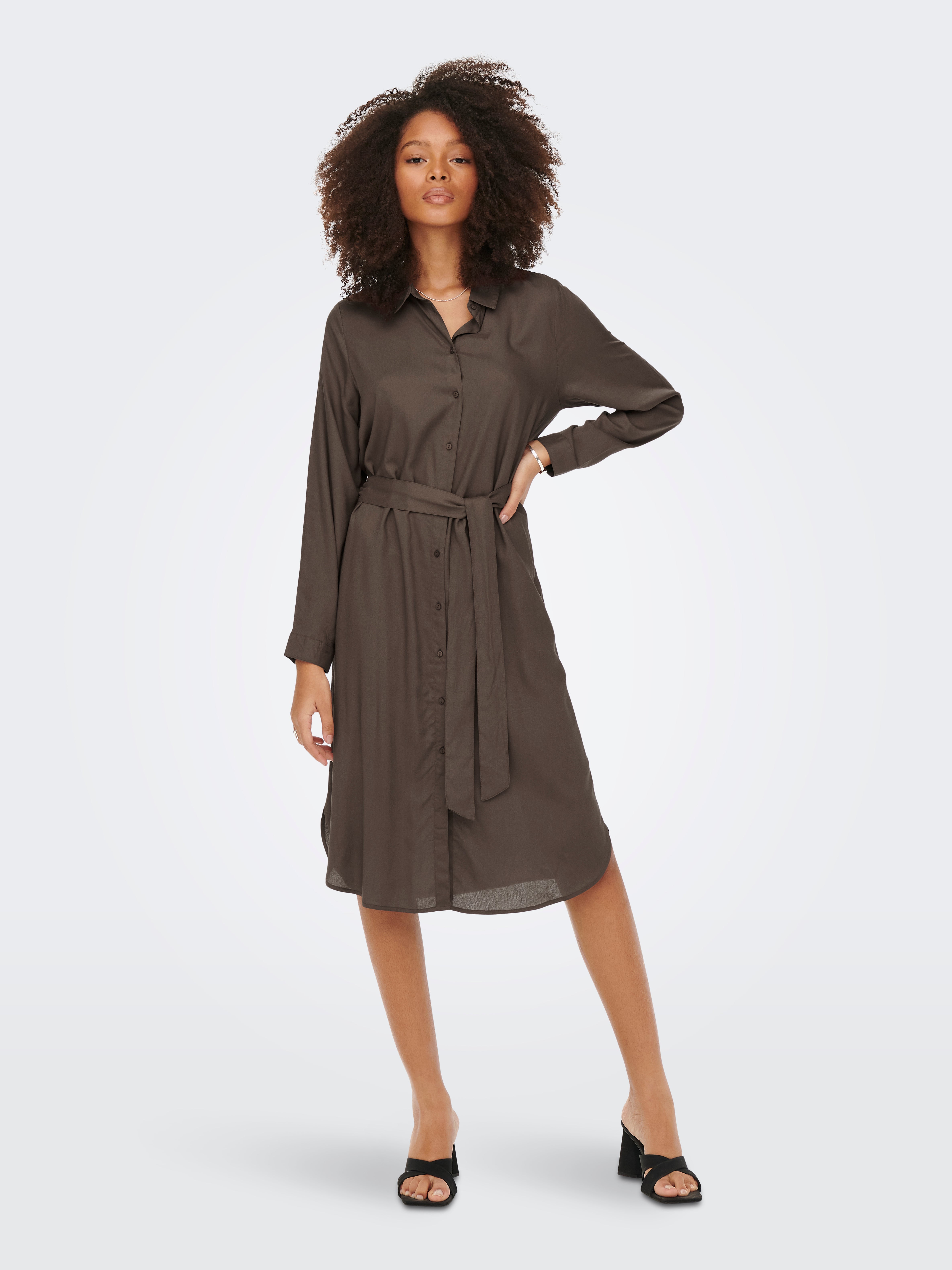 Long belted Shirt dress | Medium Brown 