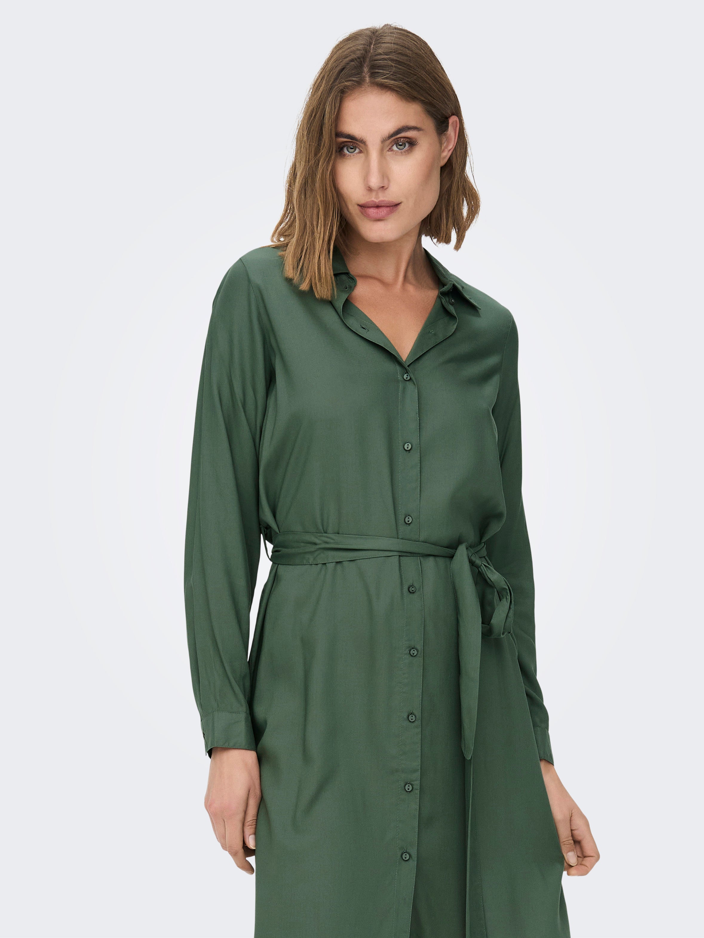 Long belted Shirt dress | Medium Green 