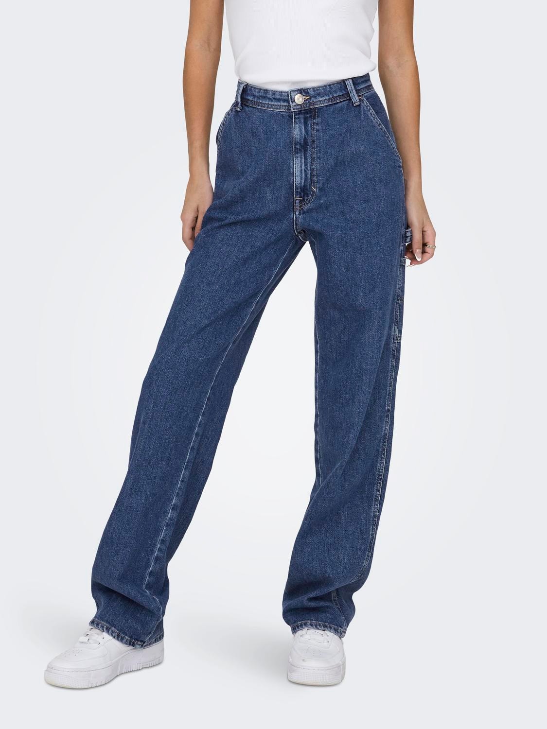 ONLY ONLWEST High Waist CARPENTER STRAIGHT Jeans -Medium Blue Denim - 15271792