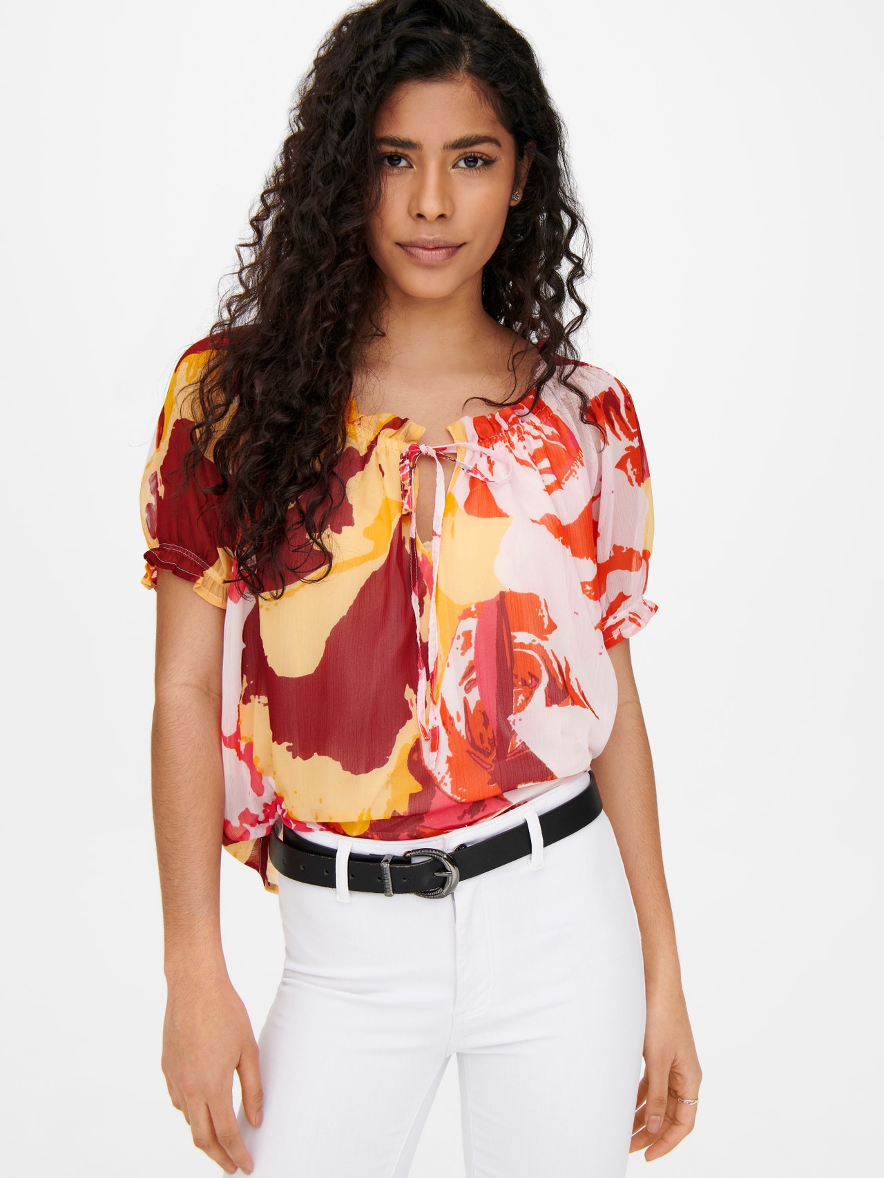 ONLY Patterned ruffle Short Sleeved Top -Cloud Dancer - 15271942