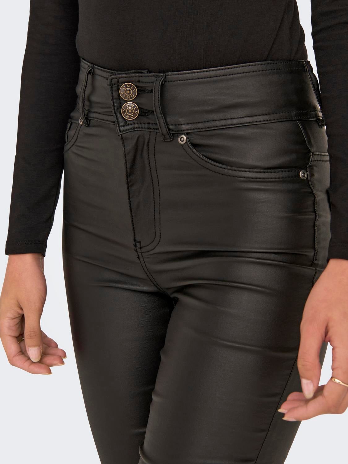 Tall Black Split Hem Faux Leather Skinny Trousers | PrettyLittleThing