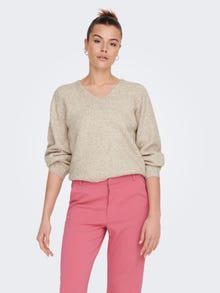 ONLY V-neck Knitted Pullover -Oatmeal - 15276741