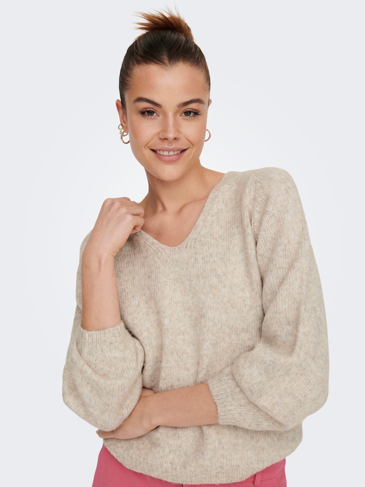 ONLY V-neck Knitted Pullover -Oatmeal - 15276741