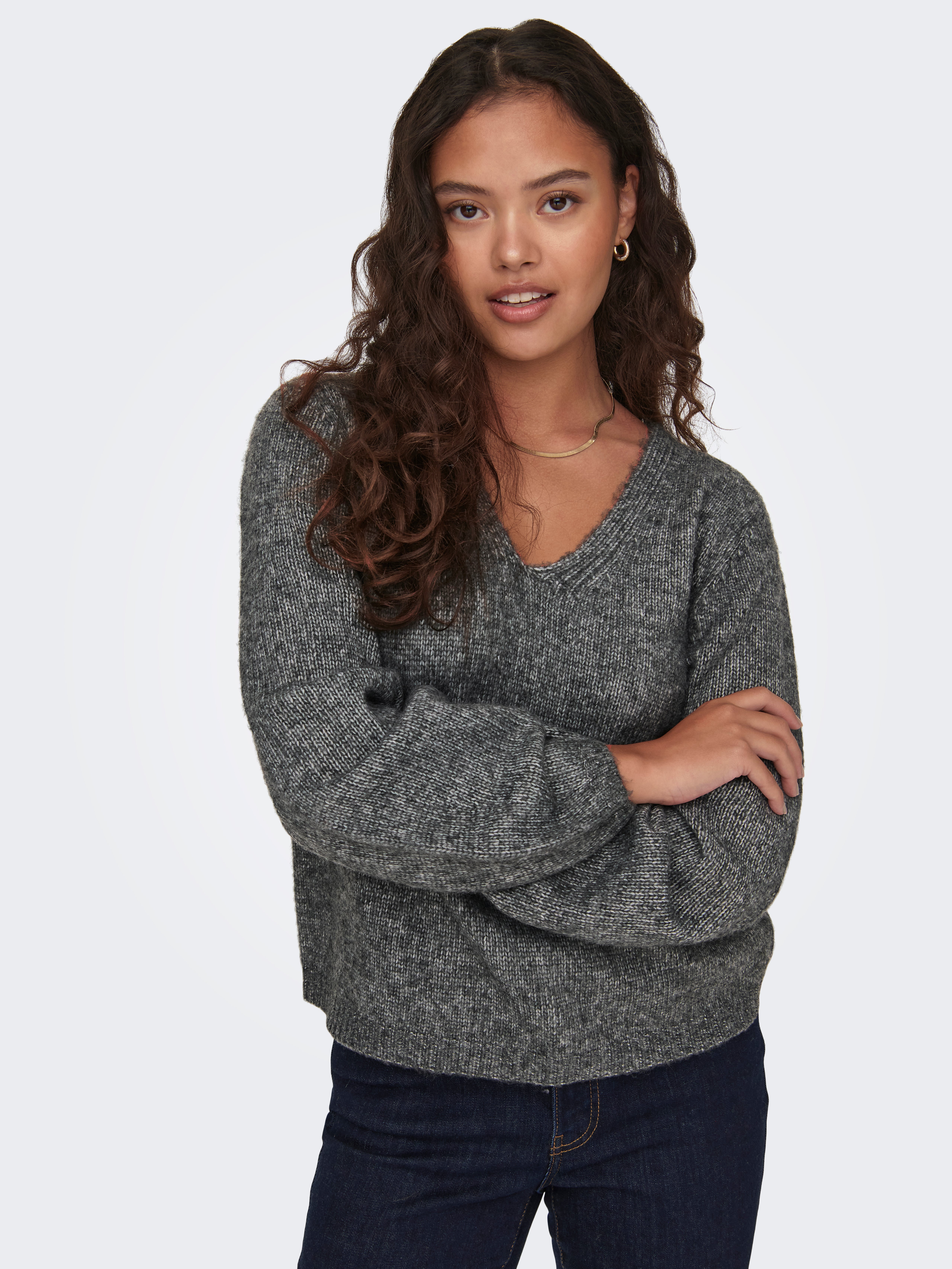 V-neck Knitted Pullover | Dark Grey | ONLY®