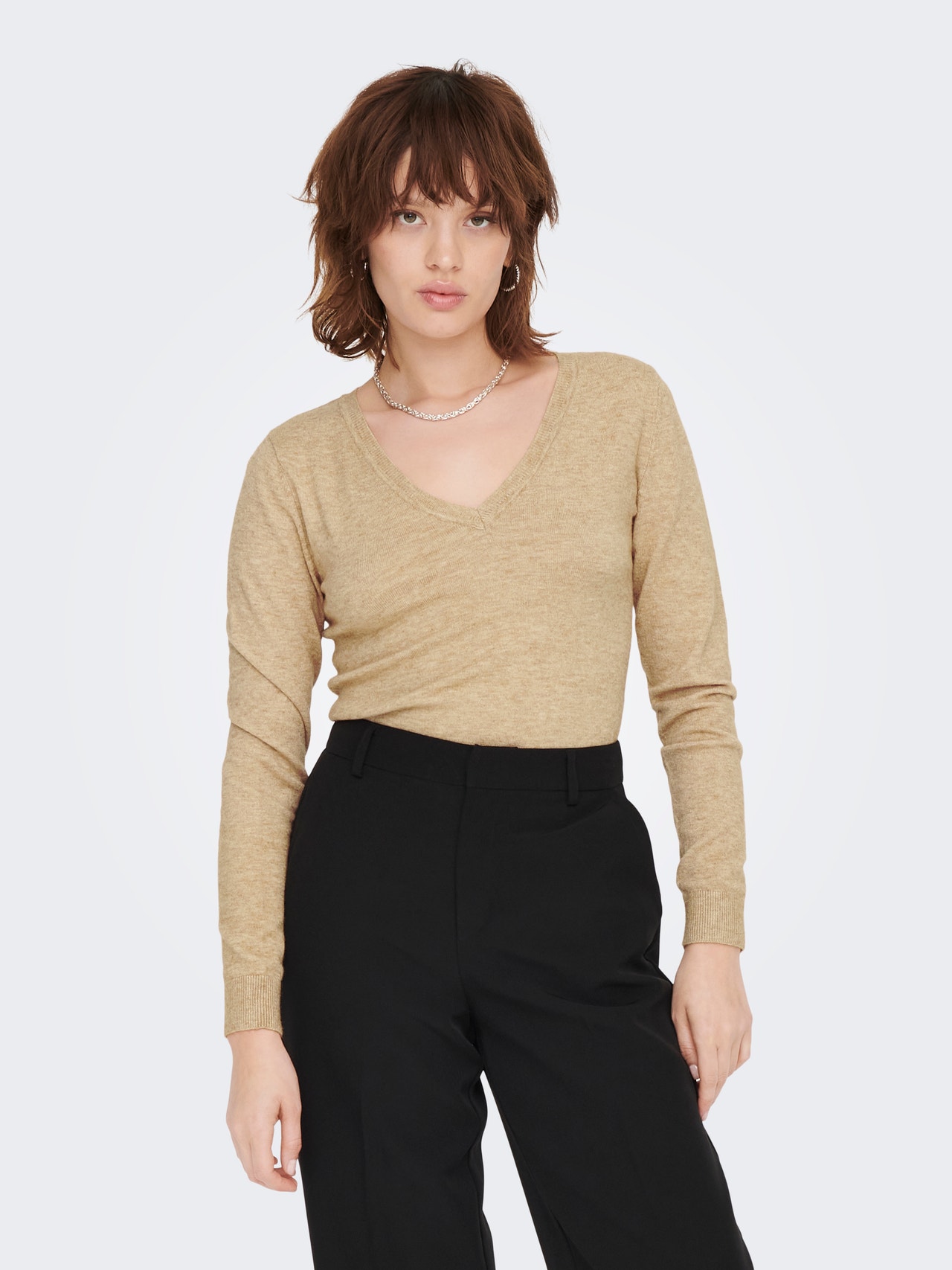 ONLY V-neck Knitted Pullover -Toasted Coconut - 15277047
