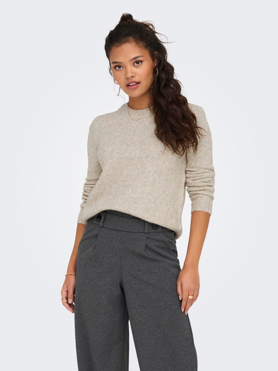 ONLY Knit Fit Round Neck Ribbed cuffs Pullover -Oatmeal - 15277866
