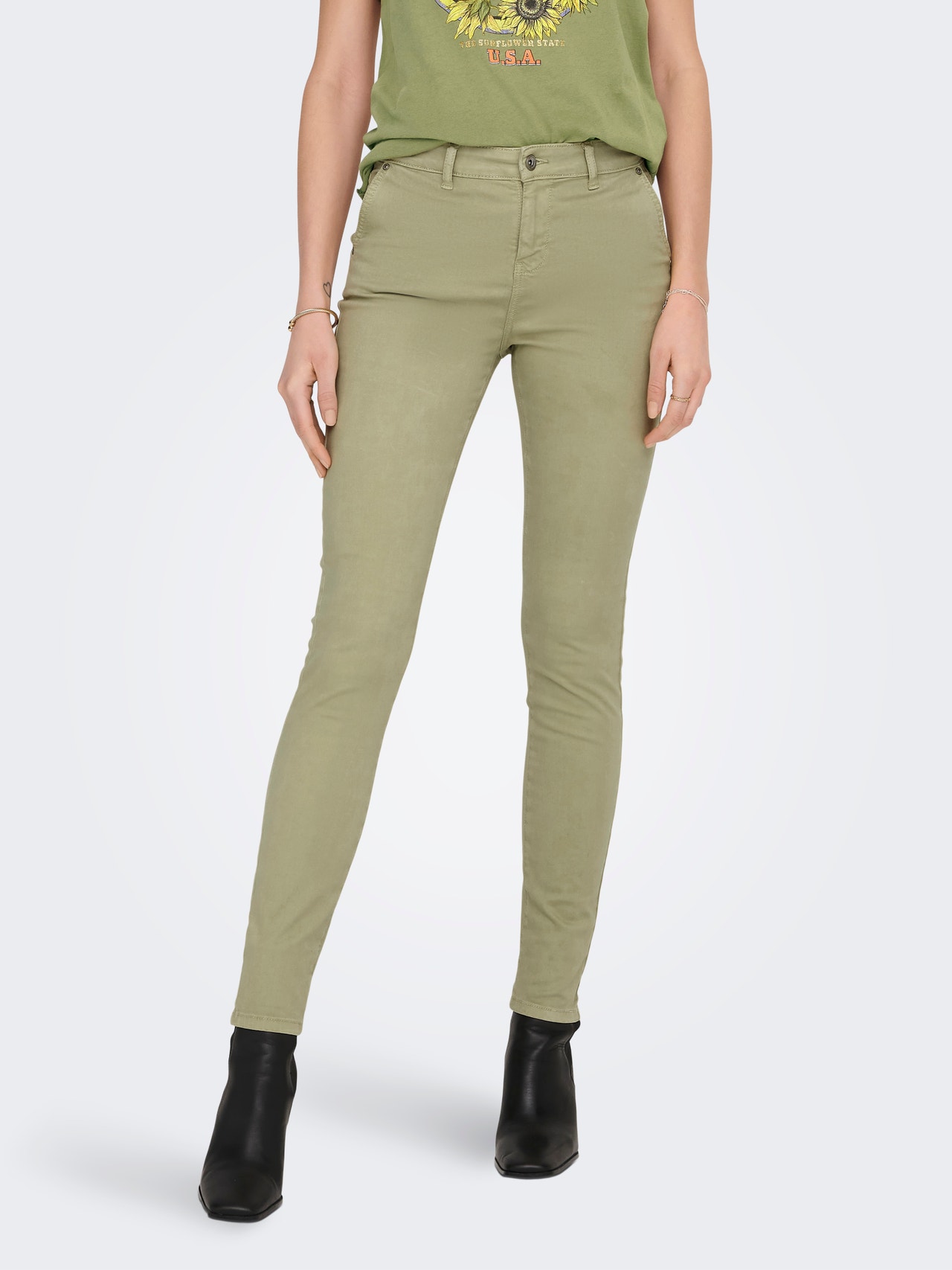 ONLY Pantalons Regular Fit Taille haute -Sage Green - 15278924