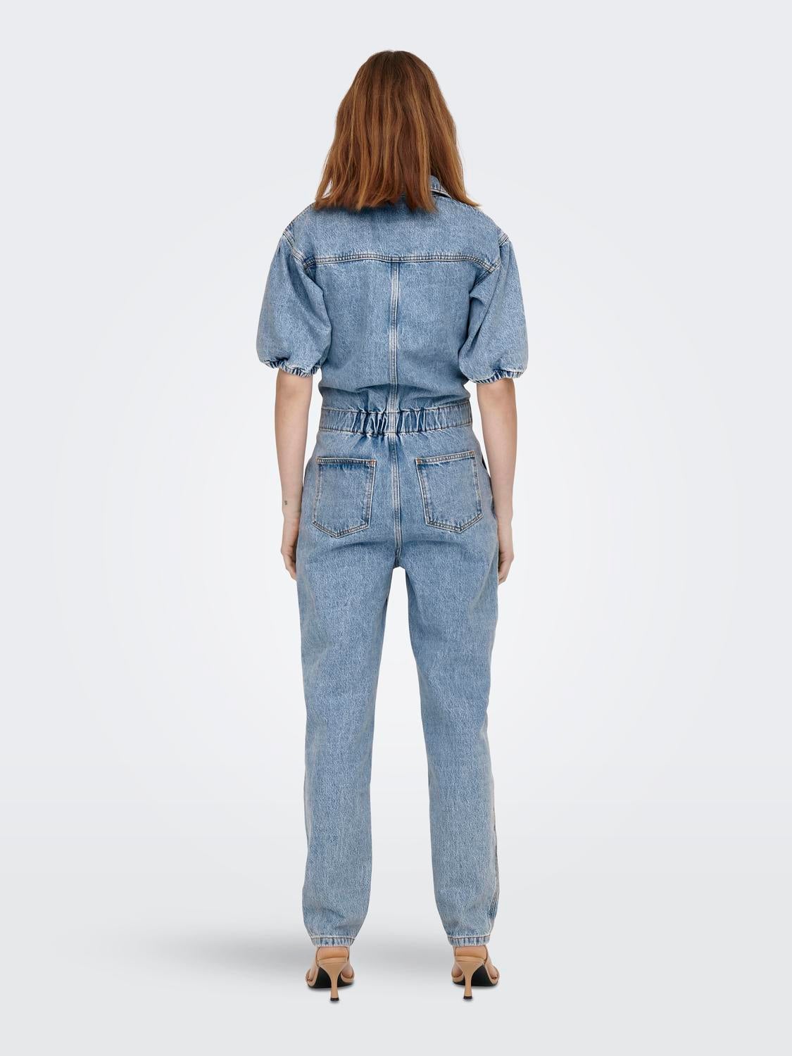 denim jumpsuit with heels