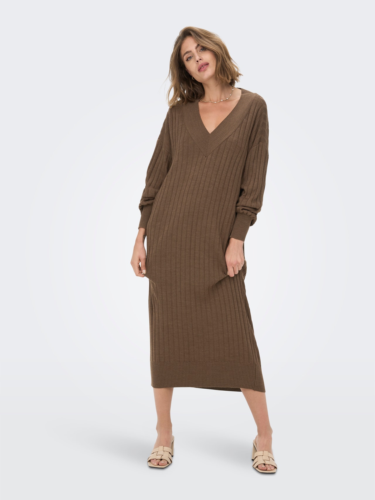 ONLY Robe longue Relaxed Fit Col en V Tall Épaules tombantes -Chestnut - 15279347