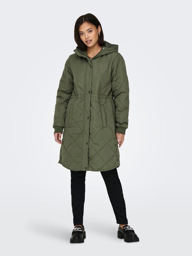 JDY Mustang Longline Hooded Padded Puffer Coat with Hood in Soft Khaki   One Nation Clothing JDY Mustang Longline Hooded Padded Puffer Coat with  Hood in Soft Khaki