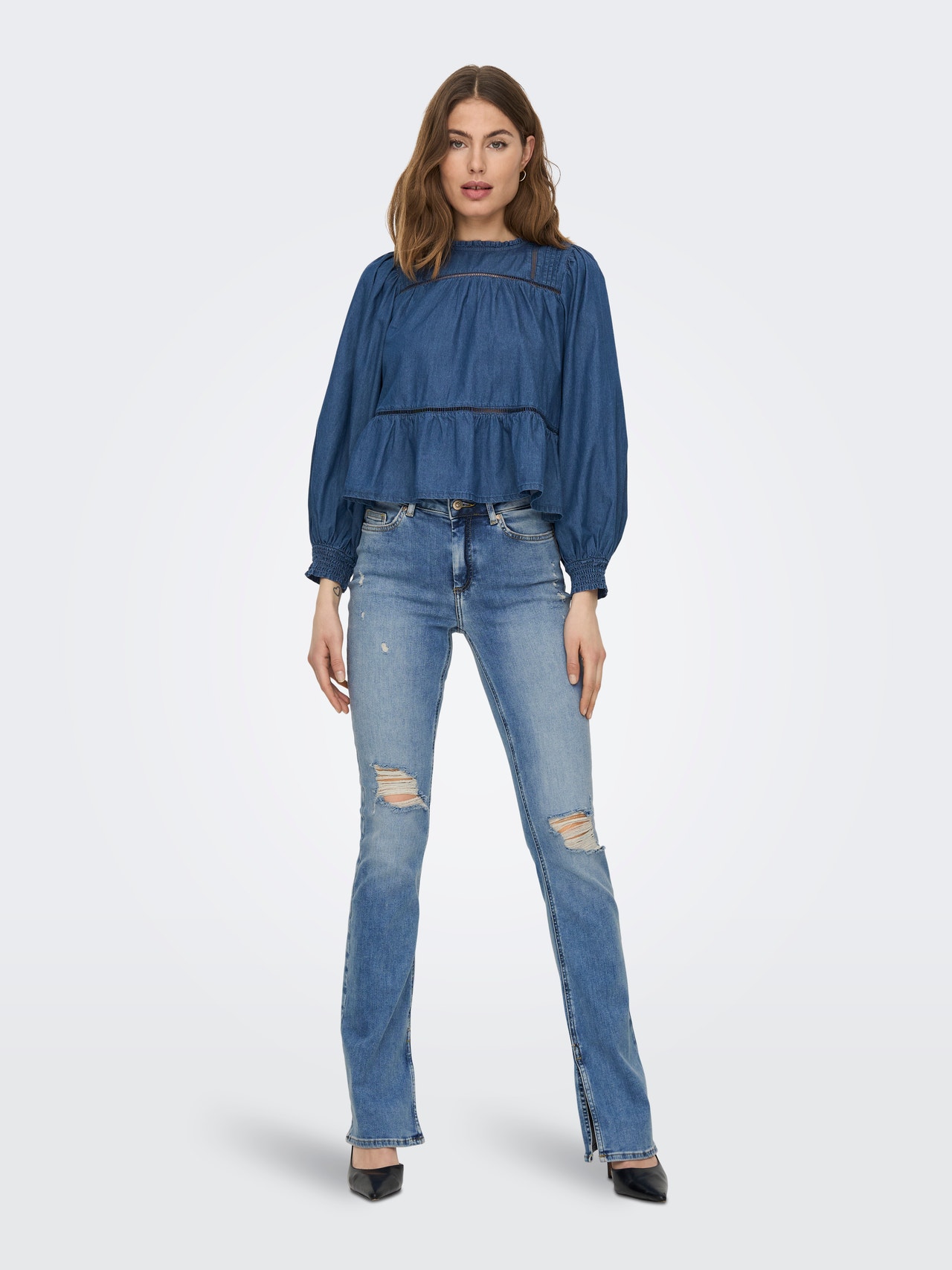 ONLY Jeans Flared Fit Taille haute Ourlet fendu -Light Medium Blue Denim - 15282429