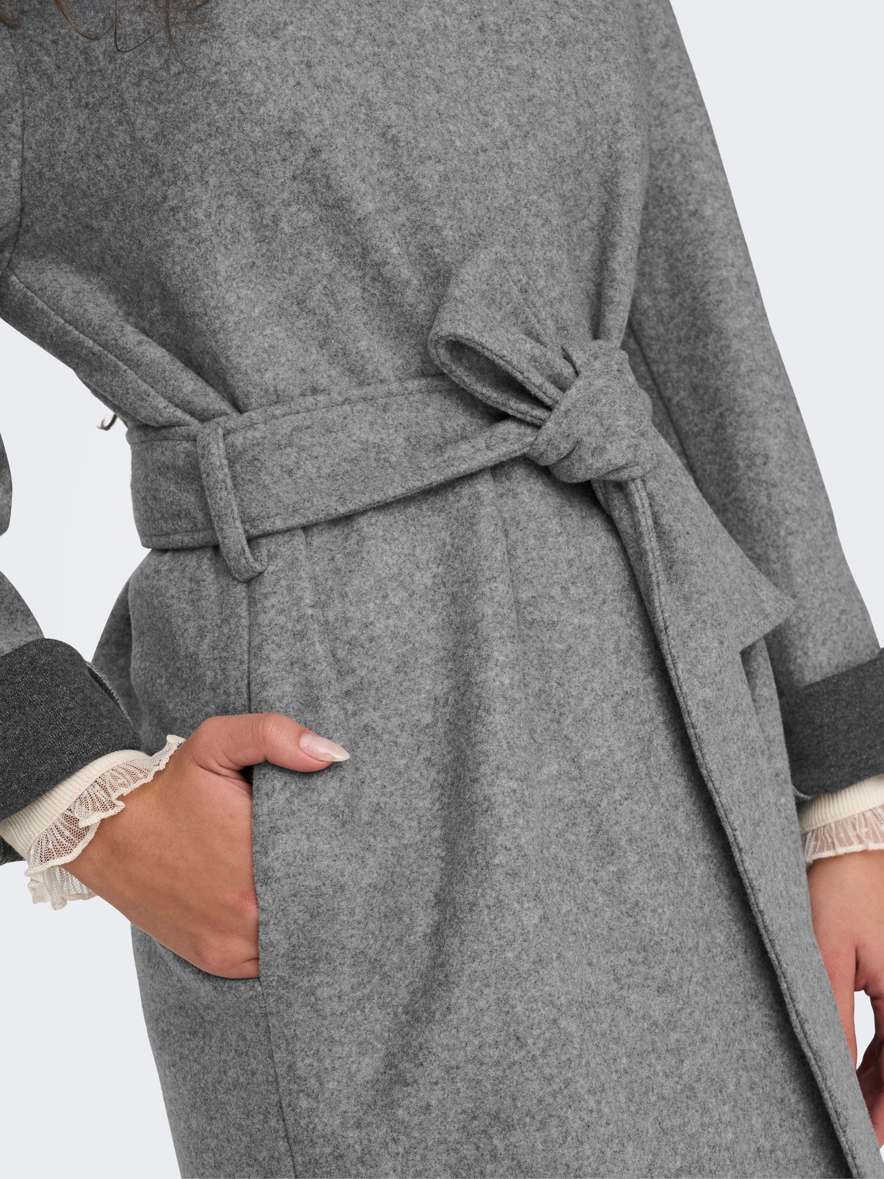 ONLY Frakke med bindebånd -Medium Grey Melange - 15282569