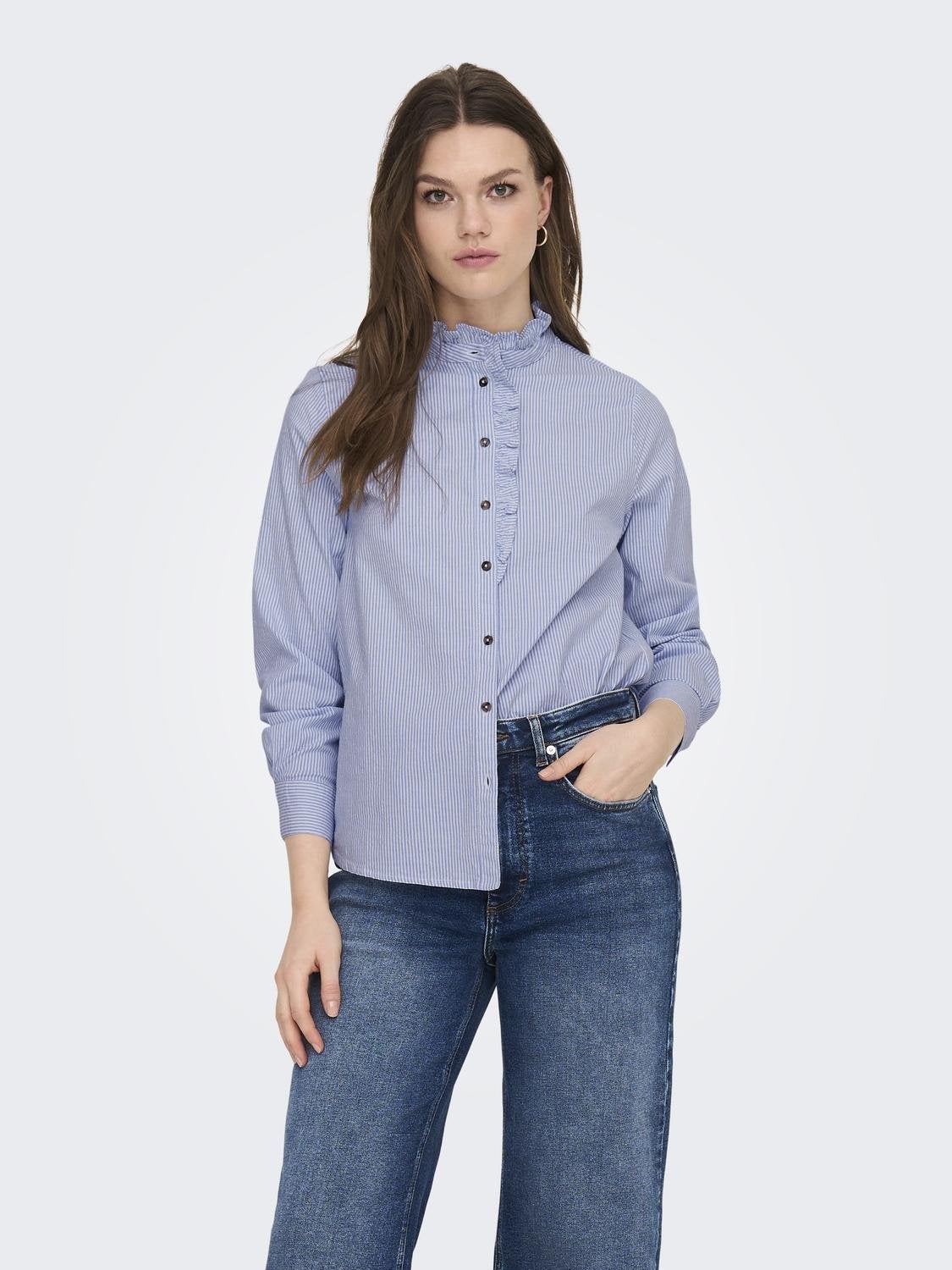 Asos Brand Skinny Denim Shirt In Mid Wash With Grandad Collar And Long  Sleeve, $41 | Asos | Lookastic