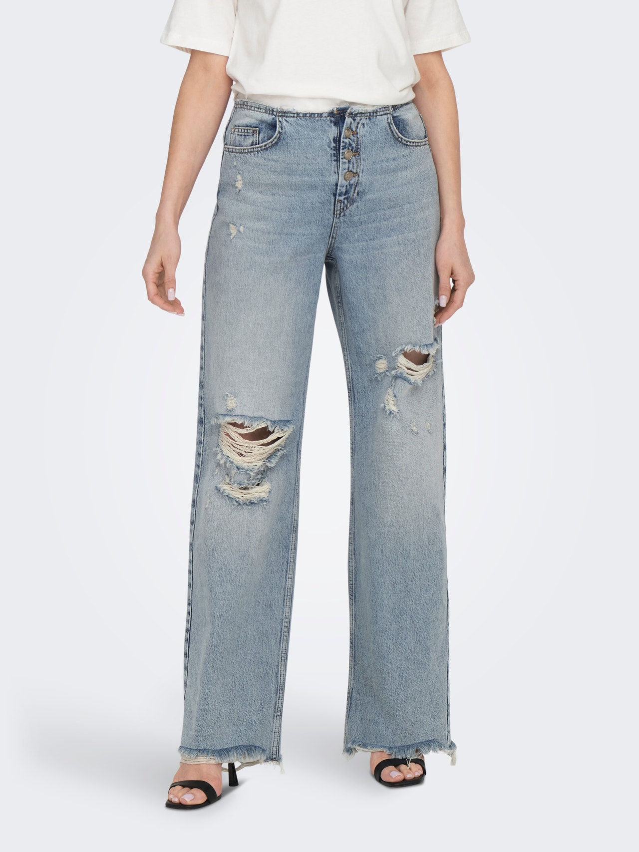 ONLY Wide Leg Fit High waist Destroyed hems Jeans -Medium Blue Denim - 15283250